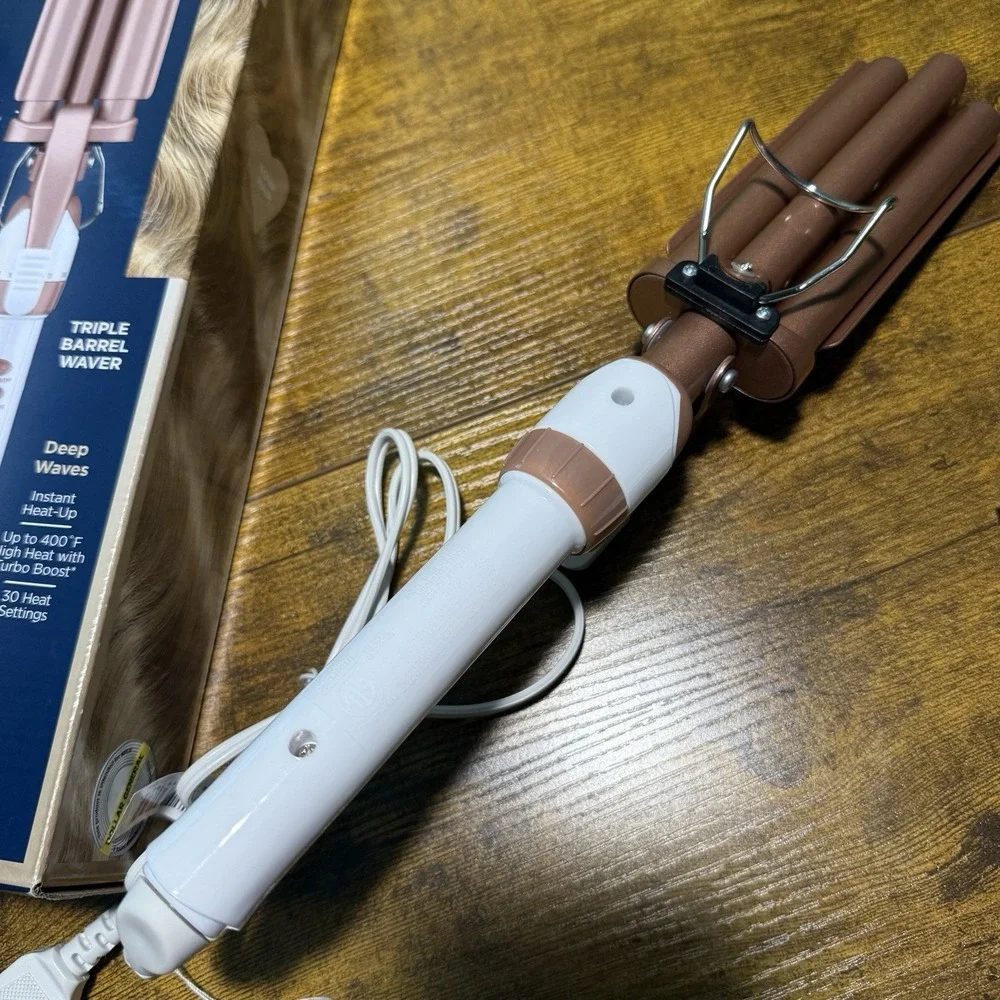 Conair Double Ceramic 3 Barrel Curling Iron Hair Waver White / Rose Gold NIB - Picture 6 of 12